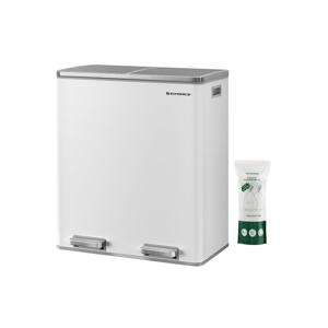 SONGMICS Afvalscheidingsprullenbak - 60L Duo Vakken, Stijlvol & Praktisch, met Pedaalbediening, Wit + Grijs / 60L