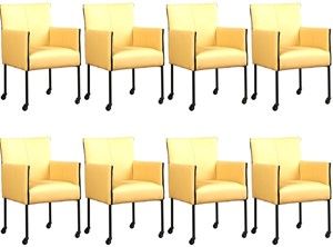 Set van 8 Gele leren moderne kuipstoel More - poot rond zwart met wiel - Toledo Leer Dessert (geel leer)