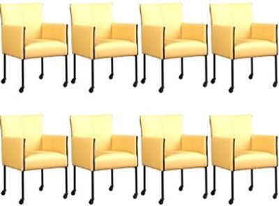 Set van 8 Gele leren moderne kuipstoel More - poot rond zwart met wiel - Toledo Leer Dessert (geel leer)