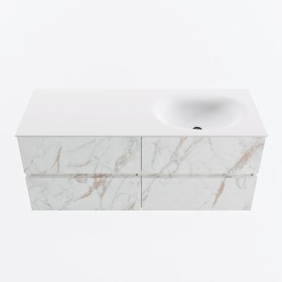 MONDIAZ VICA 120cm badmeubel onderkast Carrara 4 lades. Wastafel MOON rechts zonder kraangat, kleur Talc.