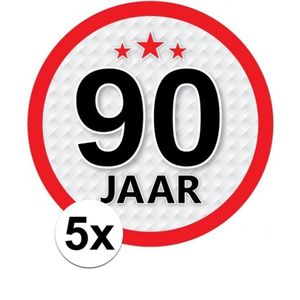 5x 90 Jaar leeftijd stickers rond verjaardag versiering   -