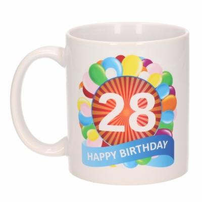 28 jaar Verjaardag koffiemok - cadeau beker - feestelijke ballonnen print - 300 ml - keramiek - wit