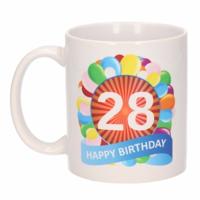 28 jaar Verjaardag koffiemok - cadeau beker - feestelijke ballonnen print - 300 ml - keramiek - wit