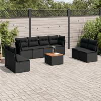 9-delige Loungeset met kussens poly rattan zwart