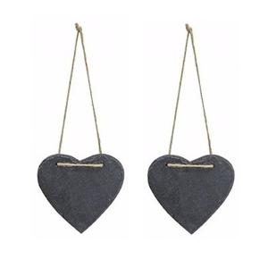 Decoratie hart - 2x stuks - 12 x 11 cm - leisteen - hangdecoratie - hartjes vorm - mini krijtbordje