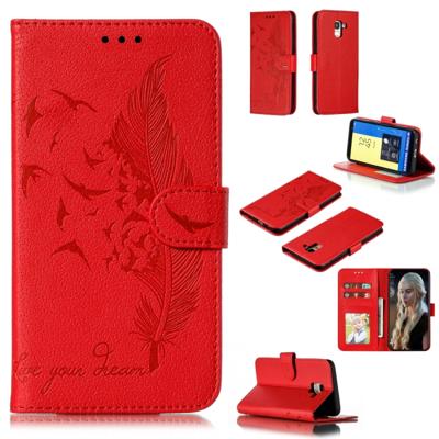 Feather patroon Litchi textuur horizontale Flip lederen draagtas met portemonnee & houder & kaartsleuven voor Galaxy J6 (2018) (rood)