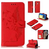 Feather patroon Litchi textuur horizontale Flip lederen draagtas met portemonnee & houder & kaartsleuven voor Galaxy J6 (2018) (rood)