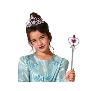 Carnaval verkleed Tiara/diadeem - Prinsessen kroontje met toverstokje - zilver/fuchsia - meisjes