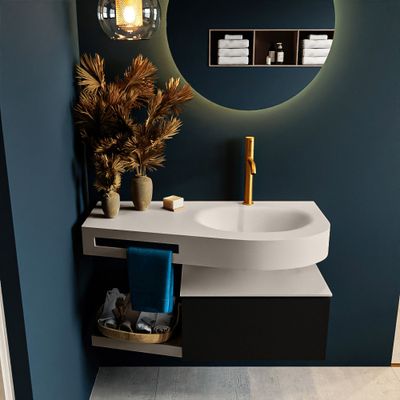 MONDIAZ RIVA 100cm badmeubel onderkast / planchet kleur Urban met 1 lade. Wastafel DULCET rechts 1 kraangat kleur Linen. MONDIAZ RIVA 100cm badmeubel onderkast / planchet kleur Urban met 1 lade. Wastafel DULCET rechts 1 kraangat kleur Linen.