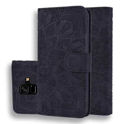 Kalf patroon dubbele vouwen ontwerp reliëf lederen draagtas met portemonnee & houder & kaartsleuven voor Galaxy A6 (2018) (zwart)