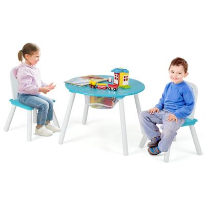 Ronde Kindertafel en Stoel Set 3 Delige Kinderen Houten Activiteit Tafel Meubels Set met Net Centrum Opbergruimte Knutselen Maaltijden