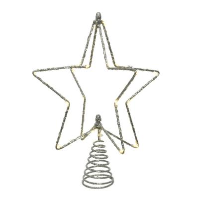 Verlichte kerst piek - ster - zilver - H25 cm - met 20 leds - kunststof - kerstboompiek