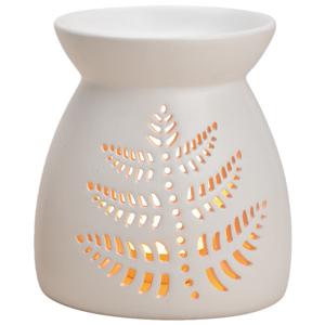 Geurbrander voor amberblokjes/geurolie/waxmelts - keramiek - wit - 11 x 11 x 13 cm - blad patroon