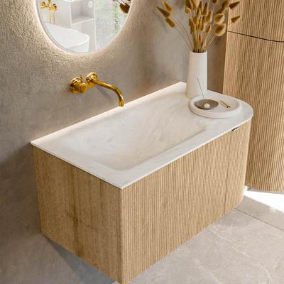 Badmeubel Mondiaz Kurve-Dlux | 85 cm | Meubelkleur Oak | Wastafelkleur Opalo | Solid surface | Links spoelbak | Zonder kraangat(en)