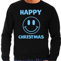 Foute Kersttrui/sweater voor heren - Happy Christmas - smiley - zwart - glitter blauw