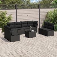 9-delige Loungeset met kussens poly rattan zwart