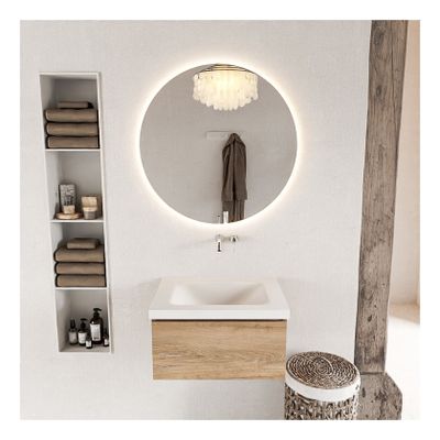Mondiaz Bukla 60cm badmeubel kleur washed oak met 1 lade wastafel midden zonder kraangat kleur talc