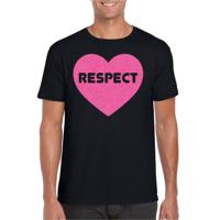 Bellatio Decorations Gay Pride T-shirt voor heren - respect - zwart - roze glitter hart - LHBTI 2XL  -