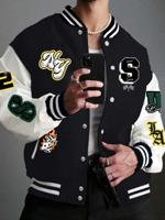 Bon&Bon Men's Oversized Varsity Jacket - Color-Block Letter Print Black / XL