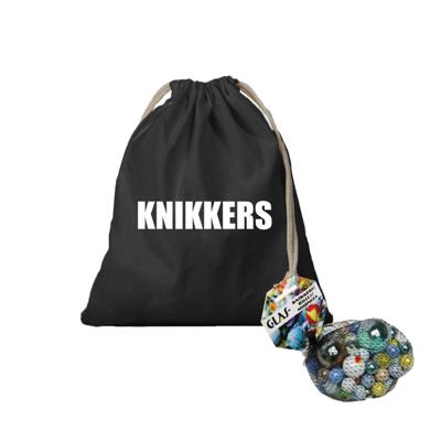 Canvas knikkers opbergzakje - zwart - bedrukt met tekst knikkers - en 79 knikkers en bonken
