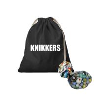Canvas knikkers opbergzakje - zwart - bedrukt met tekst knikkers - en 79 knikkers en bonken