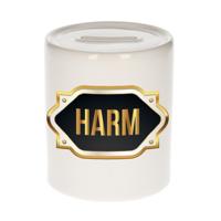 Spaarpot met voornaam Harm - wit - goud/zwart embleem - 8 x 9 cm - keramiek - afsluitdop