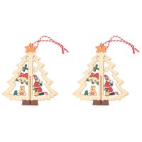 2x Kerst hangdecoratie kerstbomen met kerstman 10 cm van hout - Kersthangers - thumbnail