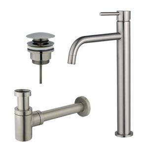 Fortifura Calvi Slim Wastafelkraanset - verhoogde wastafelkraan - klikwaste plug - verlaagde design sifon - Geborsteld RVS PVD (RVS) SW377859/SW696201/SW696217