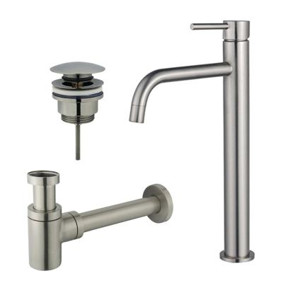 Fortifura Calvi Slim Wastafelkraanset - verhoogde wastafelkraan - klikwaste plug - verlaagde design sifon - Geborsteld RVS PVD (RVS) SW377859/SW696201/SW696217
