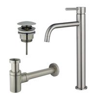 Fortifura Calvi Slim Wastafelkraanset - verhoogde wastafelkraan - klikwaste plug - verlaagde design sifon - Geborsteld RVS PVD (RVS) SW377859/SW696201/SW696217