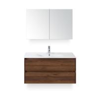 Dante Badmeubelset 100 cm - Walnoot - Keramische Wastafel Wit Enjoy - met Spiegelkast