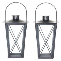 Fancy Flames Lantaarn - Set van 2x stuks - metaal - zilverkleurig - 17 x 30 cm - windlicht