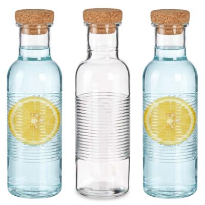 Pasabahce Waterfles met kurken dop - 3x -1070 ml - ribbel glas - D8 x H29 cm - drink flessen