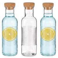 Pasabahce Waterfles met kurken dop - 3x -1070 ml - ribbel glas - D8 x H29 cm - drink flessen