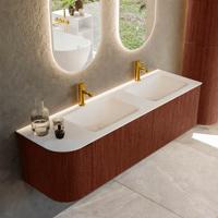 Badmeubel Mondiaz Kurve | 155 cm cm | Meubelkleur Ruby | Wastafelkleur Talc | Solid surface | Dubbel / Rechts spoelbak | 2 kraangaten