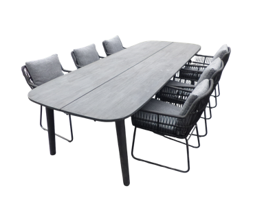 Set van Lennon tafel 280x110x76 cm charcoal en 6 Ran stoelen panther incl. kussens - Yoi