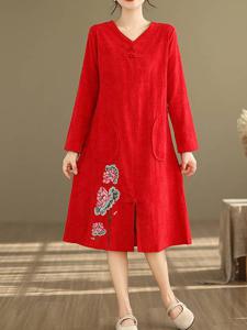 Casual Floral Embroidery Dress With No