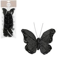 Decoratie vlinders op clip - 6x stuks - zwart - 10 cm - kunststof - thumbnail