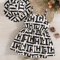 2pcs Baby Girl Summer Casual Letter Patchwork Printed Dress Hat Set Apricot / 6-9M