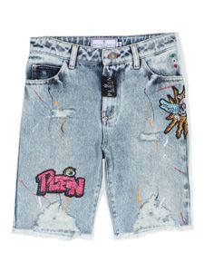 Philipp Plein Junior short en jean à ornements - Bleu