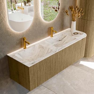 Badmeubel Mondiaz Kurve-Dlux | 145 cm cm | Meubelkleur Dusk | Wastafelkleur Glace | Solid surface | Dubbel / Links spoelbak | 2 kraangaten
