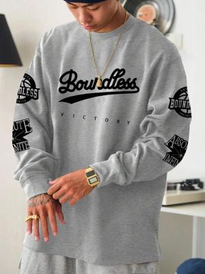 Men's Letter Print Sweatshirt - Dark Green Loose Fit Casual Top Grey_1 / XXL