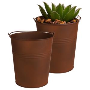 Plantenpot/bloempot emmer voor buiten - 2x - zink - roestbruin - D15 x H16 cm