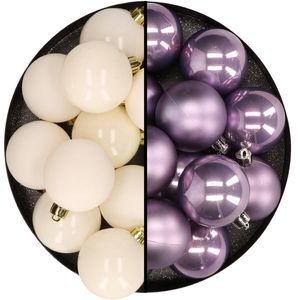 Kunststof kerstballen 6 cm - 24x stuks - wol wit en lila paars - Kerstbal