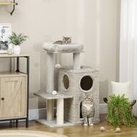 PawHut kattenboom met kattengrot, kattenbed en speelbal, 60 cm x 40 cm x 91 cm, lichtgrijs+naturel