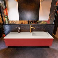 Badkamermeubelset Mondiaz Erin 150 cm met 1 Lade met RIDGE Wastafel Rechts Linen met 1 kraangat Greeploos Mat Fire