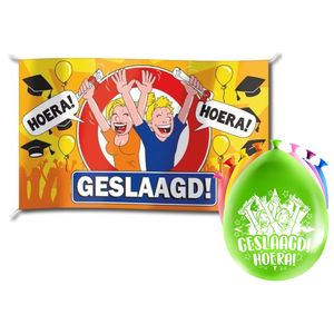 Geslaagd thema party versiering set Hoera - Grote vlag en 16x ballonnen