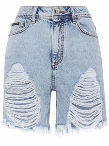 Philipp Plein short en jean à effet usé - Bleu