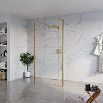 Fortifura Galeria Vrijstaande Inloopdouche - 100x200cm - Helder - antikalk - 8mm veiligheidsglas - 2 zijwanden 40cm - wandsteunen en hoekprofielen - Geborsteld Messing PVD (Goud) SW927770 2x/SW797915/SW797911 2x/SW798731 2x