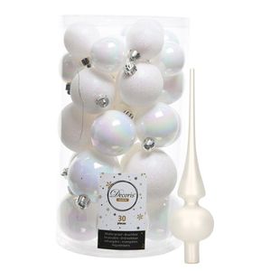 Decoris kerstballen 30x stuks - parelmoer wit 4/5/6 cm kunststof mat/glans/glitter mix en piek